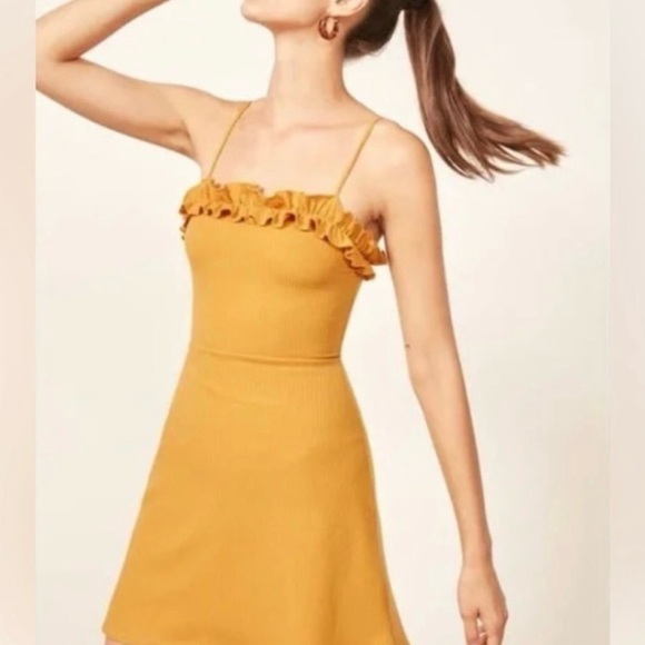 Reformation Bri Mini Sundress Size Small Golden Yellow ribbed knit stretchy - Picture 2 of 5
